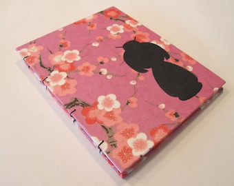 Kokeshi Doll Handmade Notebook Journal: Pink and Black Cherry Blossom Hardbound Coptic Small Book