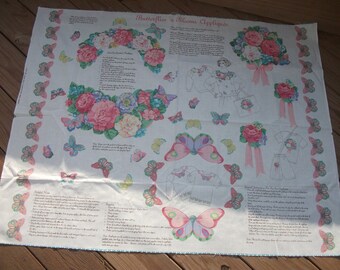 Vintage 1990's Novelty Butterflies N' Blooms Appliques Cotton Cut & Sew Craft Fabric Panel Roses Pansy Forget Me Not Flowers V.I.P. Cranston