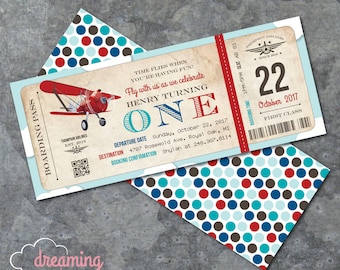 Vintage Red Airplane Airline Boarding Pass Ticket Birthday Invitation
