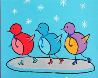 Skating Birds - A 12"x 12" acrylic painting by Rory, an artist with autism