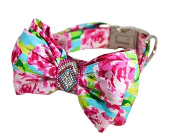 Lilly Dog Bow Tie Collar in Rose motif with Rhinestones