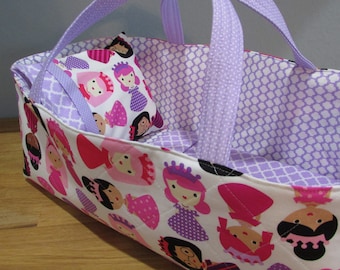 Doll Carrier, Will Fit Bitty Baby and Wellie Wisher Dolls, Princess Fabric with Lavender Lining, 16 Inches Long, Doll Basket