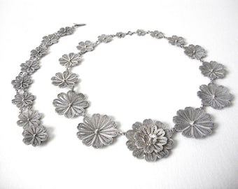 Vintage Sterling Silver Floral Filigree Necklace With Matching Bracelet