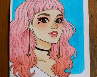 Original drawing - Haired girl pink A6 Format
