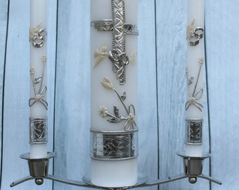 FAST SHIPPING!! Beautiful Silver Unity Candle Set with Silver Base Included in a Gorgeous Deluxe Box. Introductory Price until July 15th.
