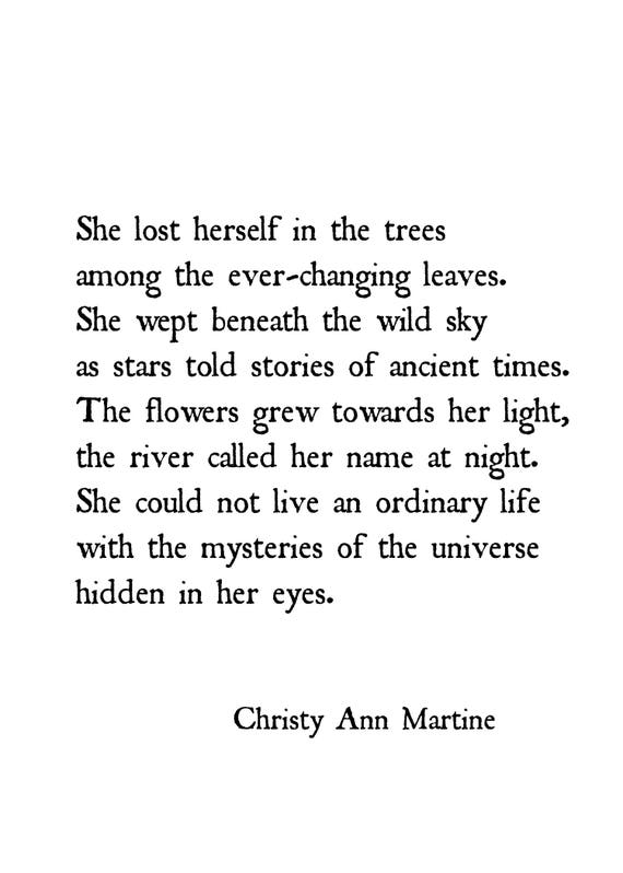 Boho Decor Prints - Nature Poetry - Quote Prints - Wild Sky Poem She Lost Herself Among the Trees Print