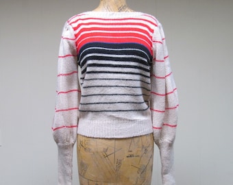 Vintage 1970s Sweater / 70s Striped Boho Puffed Sleeve Pullover / Medium