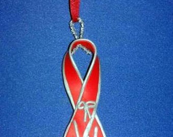 OOAK Hand Made Red Silver AIDS Awareness Ribbon Christmas Ornament 11
