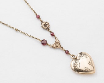 Locket Necklace, Heart Locket in Gold Filled on Sterling Silver, Vermeil with Genuine Red Garnet, Flower Charm & Leaf Etched, Heart Pendant