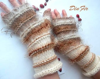 Women L Gloves Accessories Fingerless Mittens Hand Knitted Warm Wrist Warmers Arm Ready To Ship Crochet Winter Wool Cabled Striped 1025
