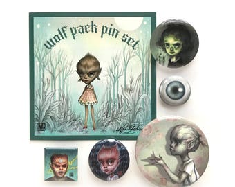 Wolf Pack Pin Set - Pin Back Buttons - pop surrealism pin - 5 Werewolf pin-back buttons by Mab Graves