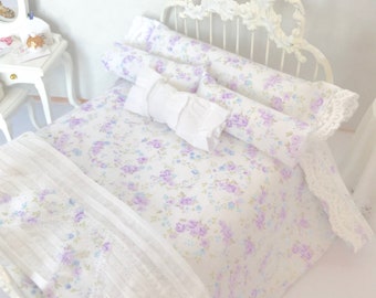 Shabby Cottage Chic Dollhouse/Lavender Dollhouse Bedding Set/1:12 Scale Dollhouse Beds/Miniature Bedding/Dollhouse Bed Linens/ /Miniatures