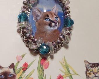 Brooch large baroque or Medallion with cat: caracal baby