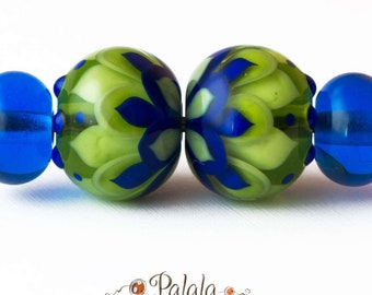 Pair of blue and green Lampwork Glass Beads for earrings