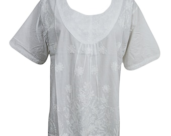 Womens Blouse Gypsy Love White Crochet Lace Hem Hand Embroidered Elegant Tunic Cover Up Top L