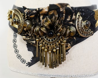 90s Nina Arjani Black Gold Ribbon Heavy Embellished Jeweled Metal Beaded Fringe Painted Leather Belt