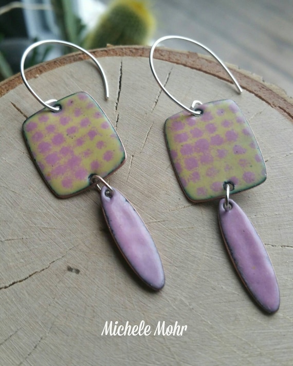 Pretty in Pink Vitreous Enamel pink and green enamel earrings