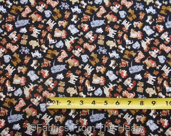 Dogs Doggie Puppys Breeds Cartoon on Black BY YARDS Timeless Treasure Fabric