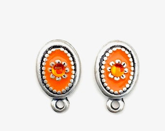 1 pair (2 pieces)post earrings enamel and antique silver with back stoppers, 18mm x 26mm #FIN E 065