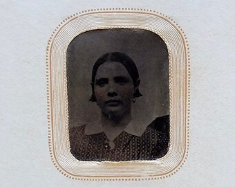 Vintage TinType Portrait Woman Paper Frame Photography Studio New London CT Miniature