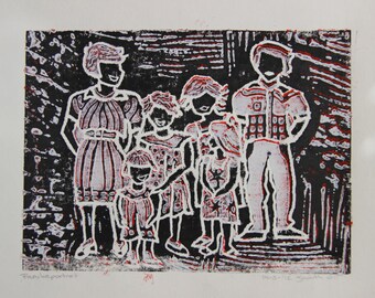 Linocut by family with four daughters, children. Growing up together. For those who also grew up with four sisters.