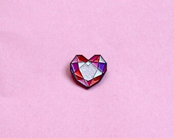Heart Jewel Gem enamel pin // Pink & Iridescent glitter facets