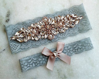 Dusty Blue Wedding Garter, Rose Gold Lace Bridal Garter, Crystal Rhinestone Garter Set, Light Blue Garter, Something Blue Garter