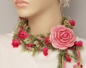 Flower crochet lariat scarf ,lariat crochet jewelry WITH REMOVABLE FLOWER pin