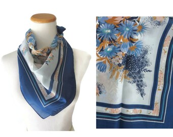 Blue Floral Scarf 70s Flower Print Lightweight 1970s Hair Wrap Purse Accessory Women's Scarf Polyester