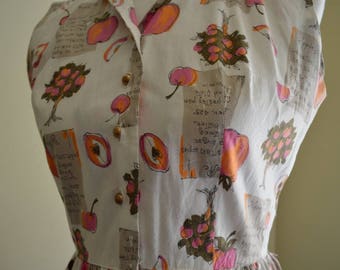 50s vintage Apple pie cotton full skirt dress / 50s cotton apple sundress/ 50s novelty print dress