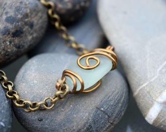 Blue Sea Glass Bronze Chain Bracelet