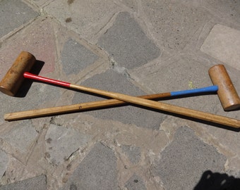 Vintage English wooden wood lawn croquet mallets sticks sport garden circa 1940-50's / English Shop