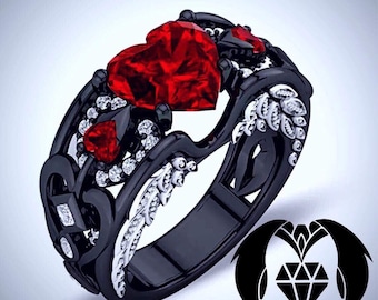 Cupid’s Red Heart Black Gold Engagement Ring