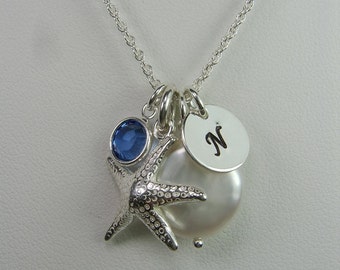 Initial Necklace Bridesmaid Jewelry Starfish Beach Wedding Necklace Coin Pearl Necklace Personalized Bridesmaid Gift Bridesmaid Necklace
