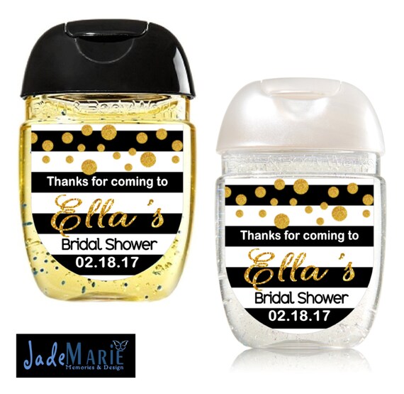 black and gold bridal shower hand sanitizer labels baby shower