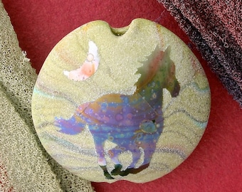 Handmade Lampwork Focal Bead "Galloping Home" SRA Sandblasted Glass ~ Iridescent Lustre Horse Bead ~ Meadow Shades
