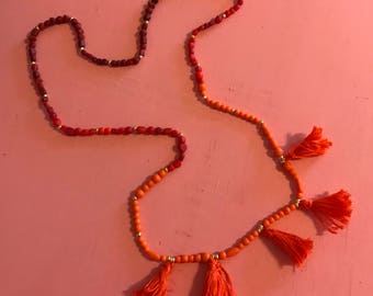 Orange-Red-Maroon Ombré Multi-Tassel Necklace