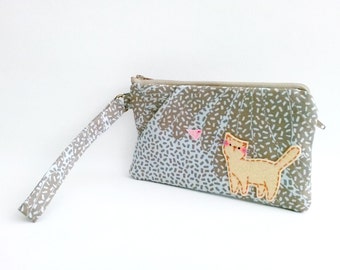 iPhone wristlet, wristlet wallet, cell phone wallet, wristlet bag, clutch purse, wristlet pouch, cat wristlet, beige, gray