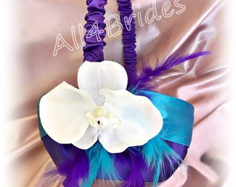 Weddings, turquoise and purple flower girl basket, orchid flower girl basket, wedding decorations