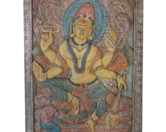Vintage Hand Carved Door Panel Vishnu Sitting On Sheshnaga India Carving Wall Sculpture, Eclectic Interior