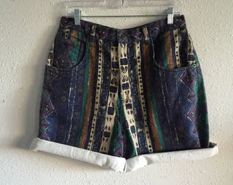 Tribal patterned vintage 90's high waisted denim shorts