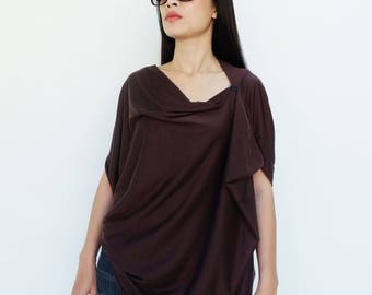 NO.60 Brown Cotton-Blend Jersey Origami Top, Asymmetrical T-Shirt