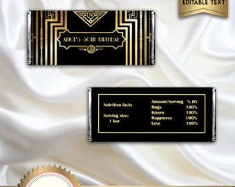 Great Gatsby Art Deco Candy Bar Wrappers, Birthday Candy Wrapper, Black and Gold - Digital File - EDITABLE text - DOWNLOAD Instantly, GG01