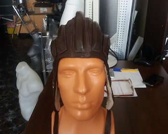 Vintage 1970's Military Dark Brown Leather Helmet - Winter Version - NEW