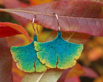Enamel stainless steel ginkgo earrings, ginkgo leaf earrings with yellow edges, ginkgo jewelry for women and girls, statement earrings