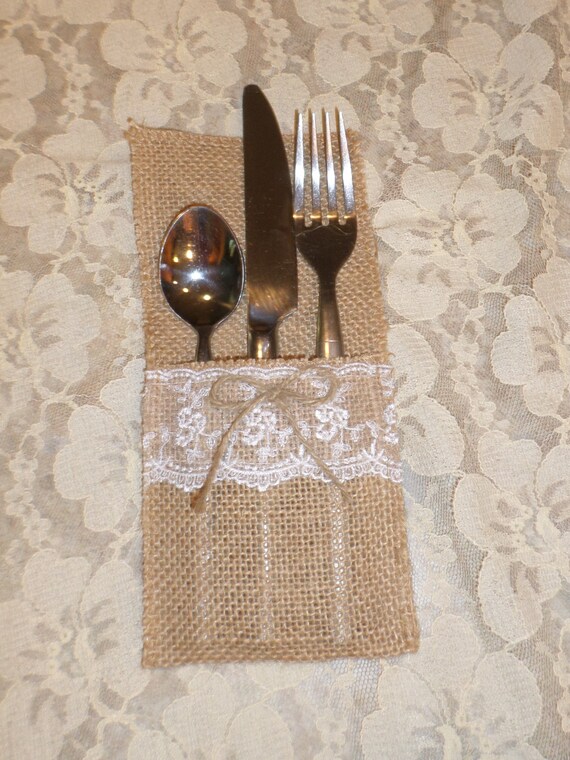 Burlap and Lace Utensil Holder Rustic Wedding Table Decor