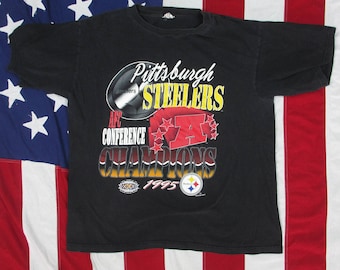 Vintage 1990's Pittsburgh Steelers Graphic T-Shirt Large 1995 AFC Champions Superbowl XXX NFL Football Pennsylvania Black Gold Bill Cowher