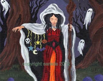 Crone's Secret Halloween witch art reproduction gothic PRINT, 5 x7 spooky cute art with ghost, moon and star charms