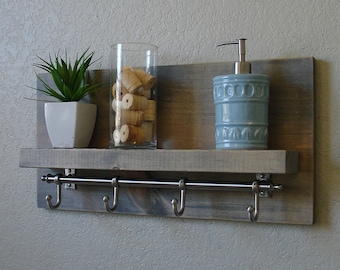 Simply Modern Rustic Bathroom Shelf with Satin Nickel Rail Towel Hooks
