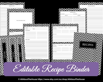 EDITABLE Recipe Binder Printable Aqua black Recipe Sheet